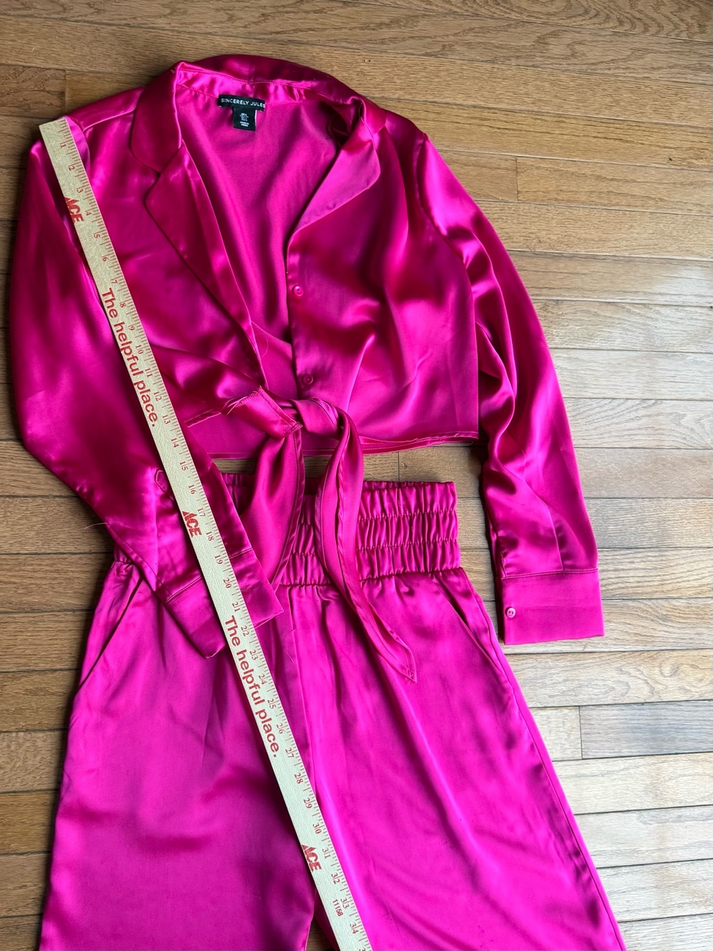 Sincerely Jules Satin Two-Piece Set Hot Pink Crop Top Tie Top & Wide Leg Pants - Picture 9 of 10